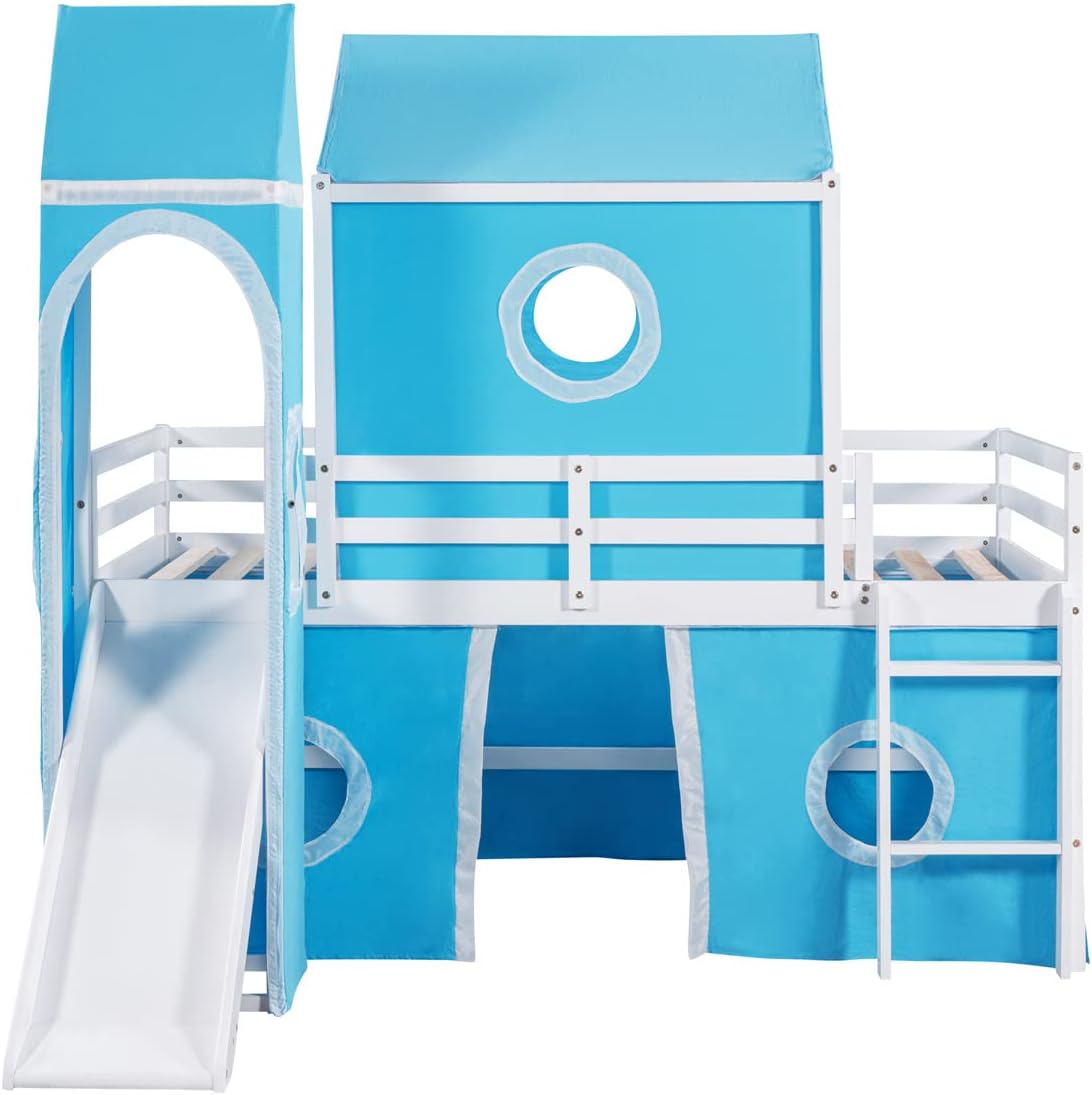 Playhouse Loft Bed,Twin Size House Bunk Bed with Slide Tent and Tower,Solid Wood Bunk Bed Frame with Roof Design and Fence Shaped Guardrails,Castle-Shaped Bunk Bed for Boys Girls,Blue