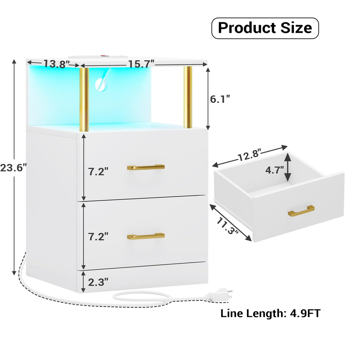 Nightstand with Charging Station and LED Lights, Nightstands Set of 2, Bedside Table