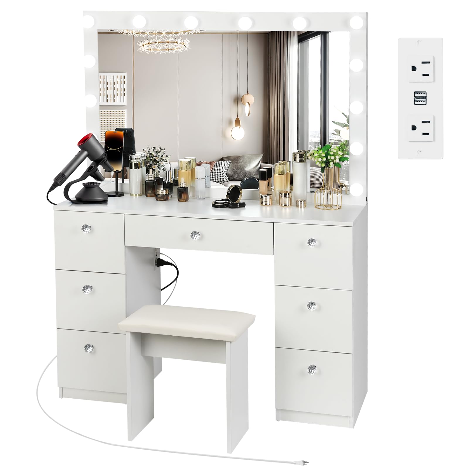 Lighted Mirror, Makeup Vanity Desk with Power Outlet and LED Bulbs, 3 Color Lighting Modes Adjustable Brightness, 7 Drawers Vanity Table with Cushioned Stool for Bedroom, White