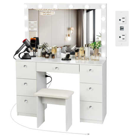 Lighted Mirror, Makeup Vanity Desk with Power Outlet and LED Bulbs, 3 Color Lighting Modes Adjustable Brightness, 7 Drawers Vanity Table with Cushioned Stool for Bedroom, White