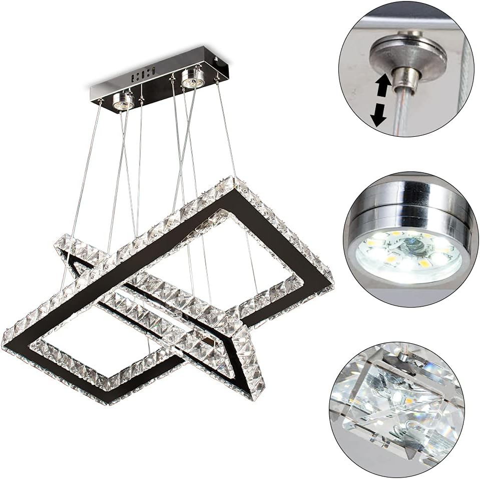 Modern Chandelier, Rectangular 2 Rings Crystal Pendant Chandeliers LED Pendant Ceiling