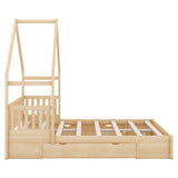 Queen Size House Bed Frame with Storage Drawers and Guardrail