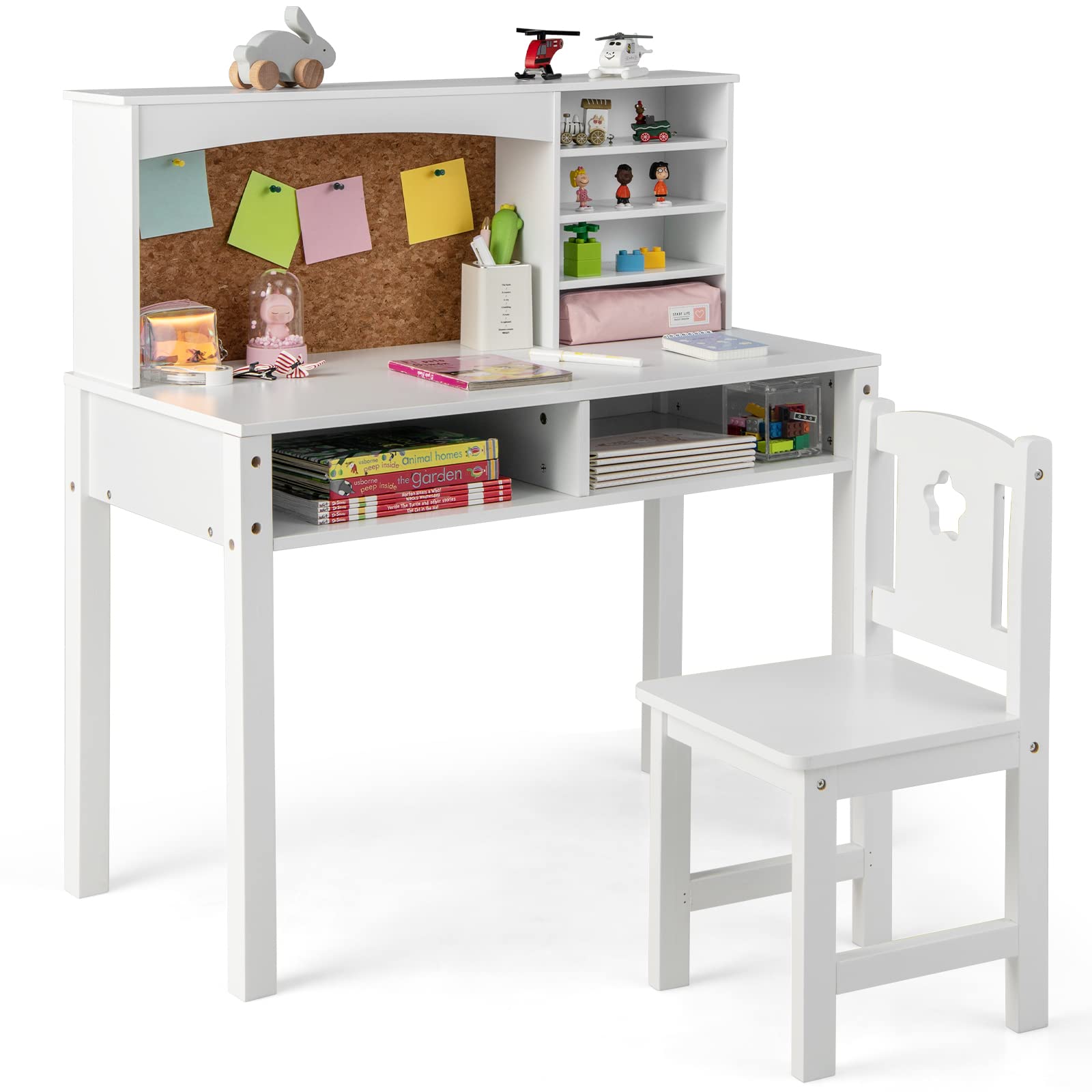 and Chair Set, Wooden Study Desk for Kids with Storage, Hutch, Cork Bulletin Board, Student Writing Computer Workstation, Kids Desk for Study Room, Bedroom, School, White