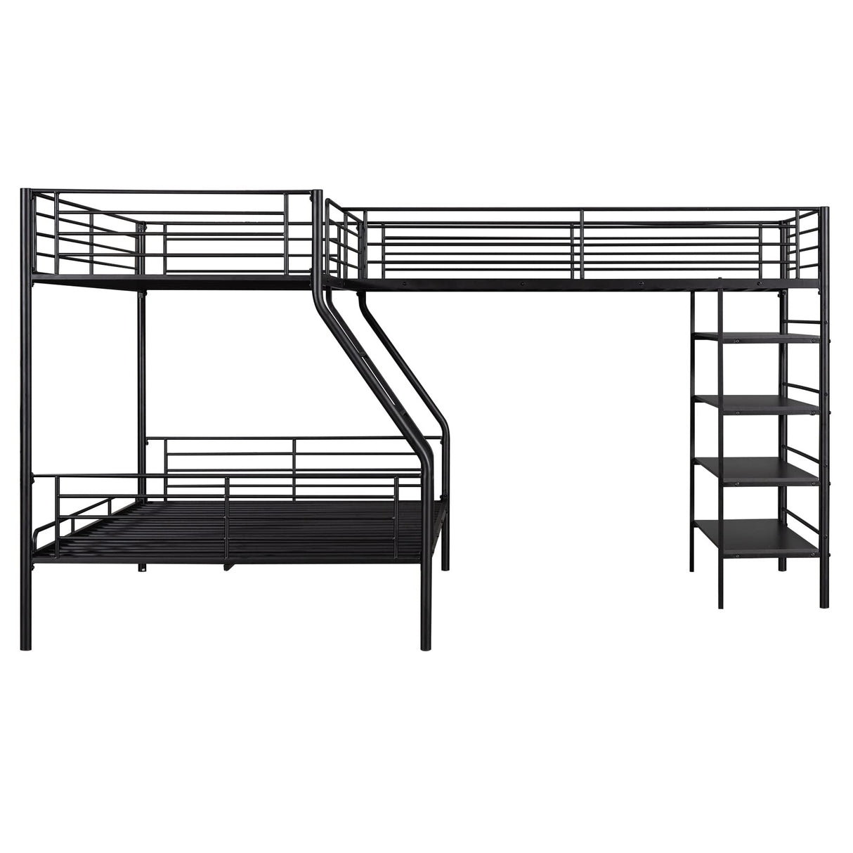 Twin Over Full L-Shape Bunk Bed with Storage Shelves 3 Beds Bunked Metal Frame Black Corner Loft Bed for Three Kids Teens Boys Girls