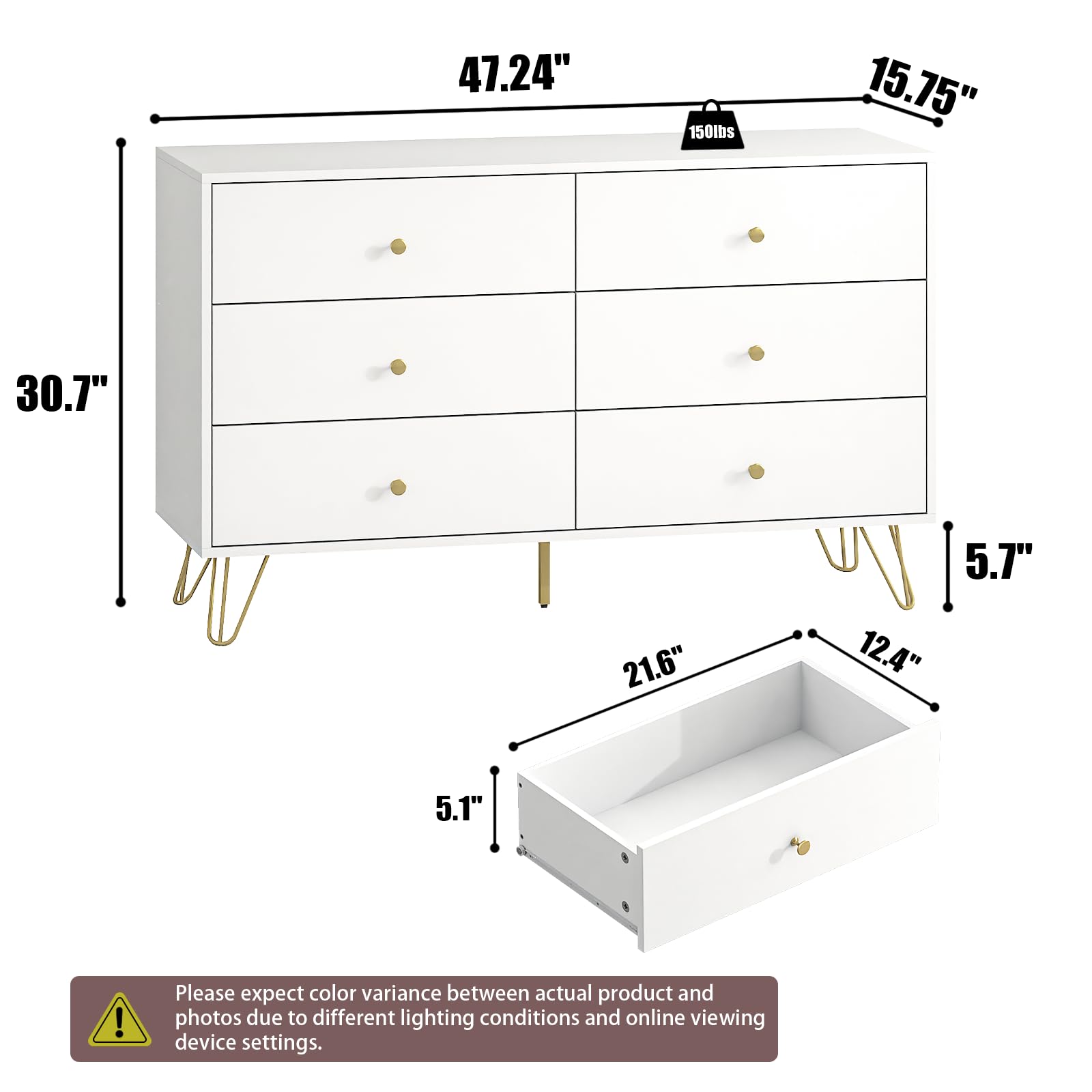 White Dresser for Bedroom, 6 Drawer Dresser with Golden Handles and Golden Legs