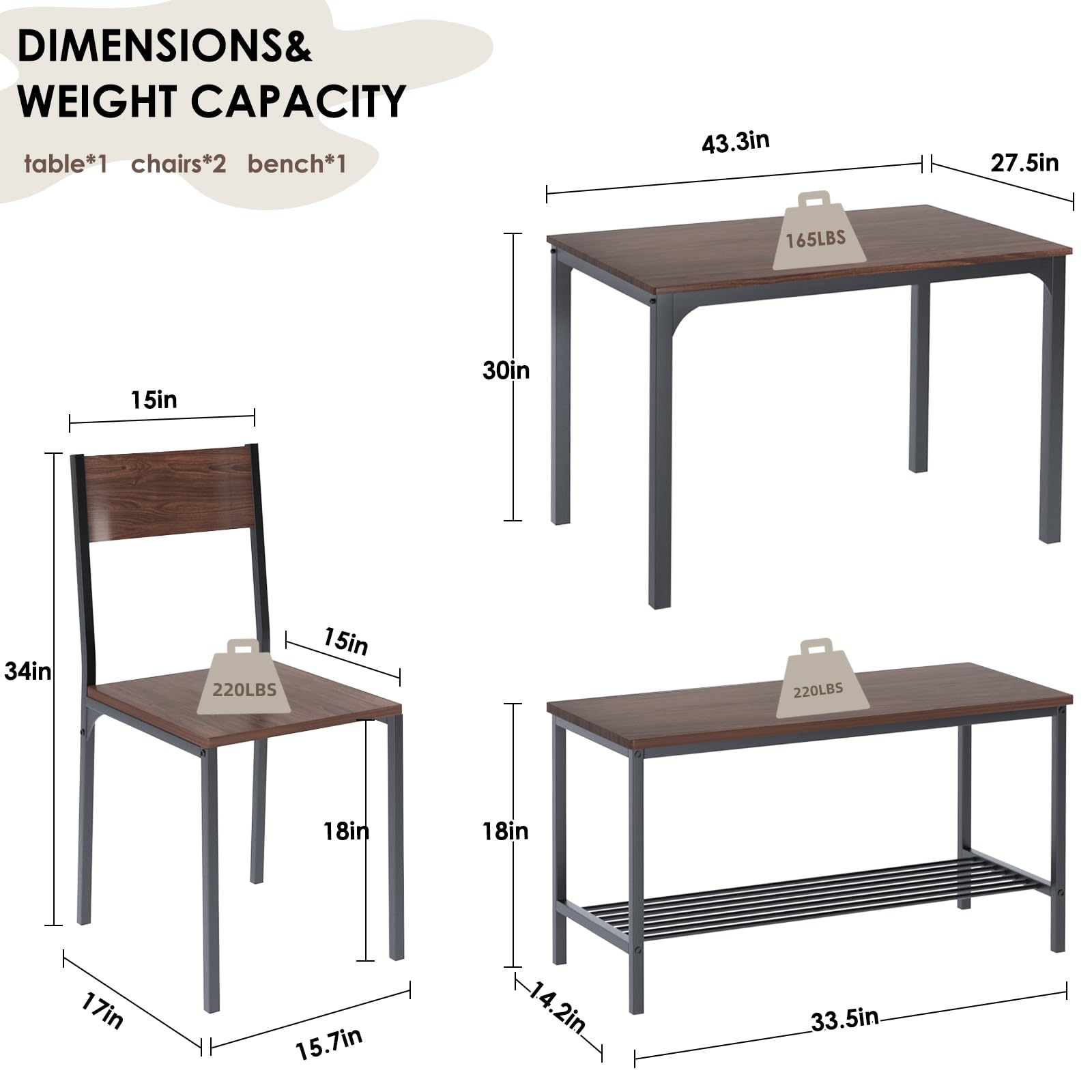 4-Piece Kitchen Table and 2 Chairs for 4 with Bench, Dining Table Set for Small Space