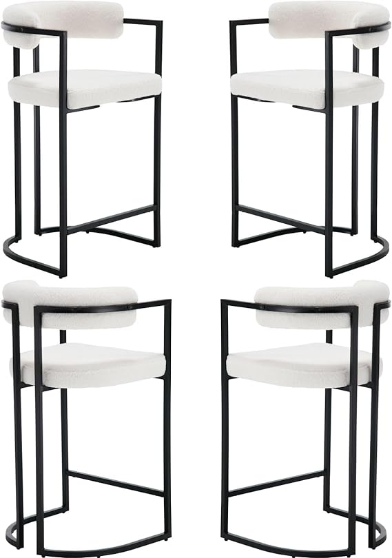 White Boucle Counter Height Bar Stools Set of 2, Modern 26 Inch Barrel Barstools