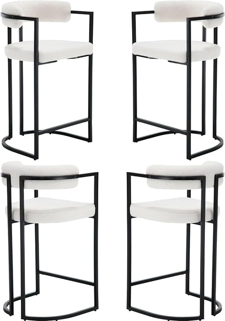 White Boucle Counter Height Bar Stools Set of 2, Modern 26 Inch Barrel Barstools