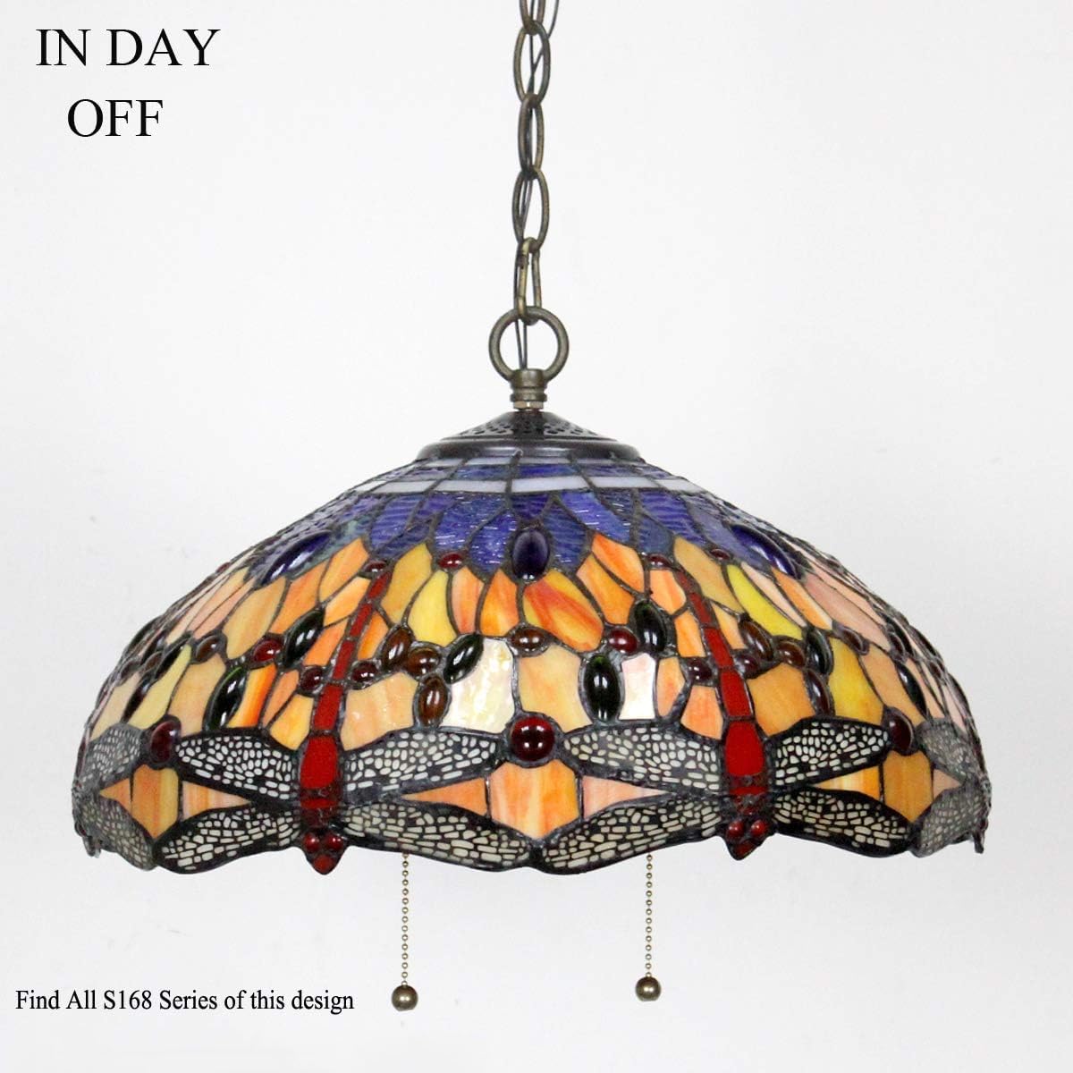 Tiffany Style Dragonfly Pendant Light - 16 Inch Stained Glass Hanging Lamp