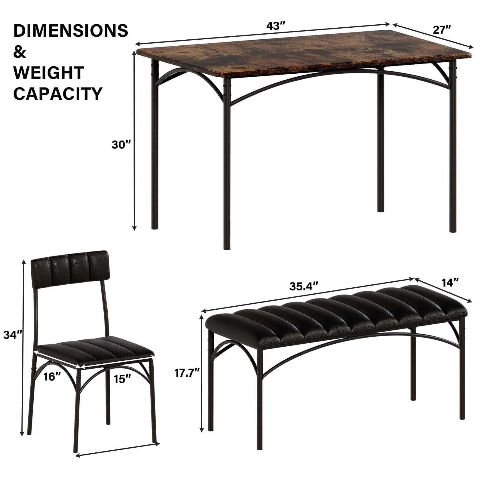 4-Piece Dining Table Set with Upholstered Bench & Chairs