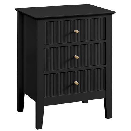 Fluted 3 Drawers Black Nightstand, Bedroom 24" Bed Night Stand, Side End Table Small