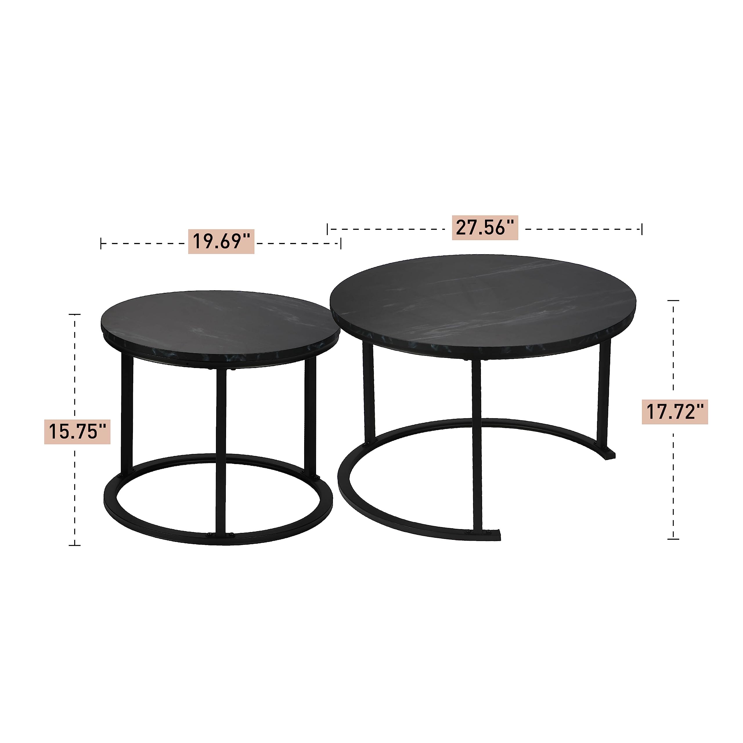 Round Modern Nesting Coffee Table Set of 2,Waterproof Faux Marble Wood Top