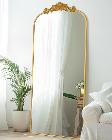 Full Length Mirror, 71"x28" Floor Mirror Freestanding with Carved Metal Frame & Bottom