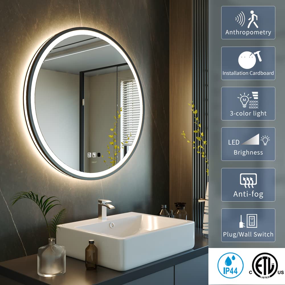 Round LED Sensor Mirror with Dimmable Anti-Fog - 28" Black Frame