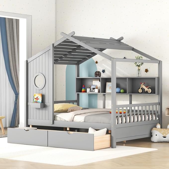 Twin Bed Frames with Storage, Twin Size House Bed with 2 Drawers and Side Shelves