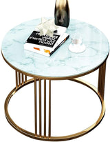 Round End Table Side Table, Marble Pattern Tempered Glass, Coffee Table with Stainless