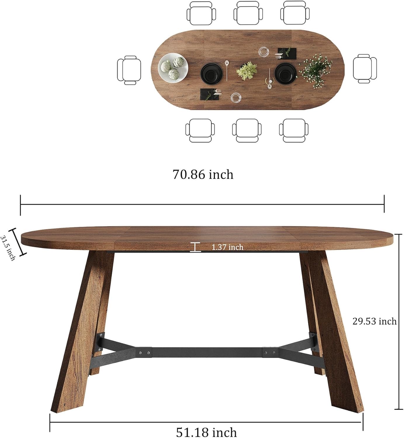 Rustic Oval Dining Table 70.86" - Farmhouse Wood Kitchen Table Seats 6-8