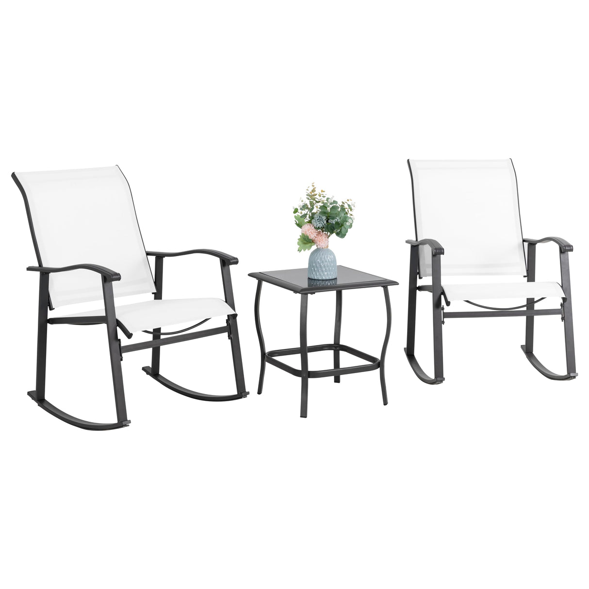 3 Piece Outdoor Rocking Bistro Set, Textilene Fabric Small Patio Furniture Set