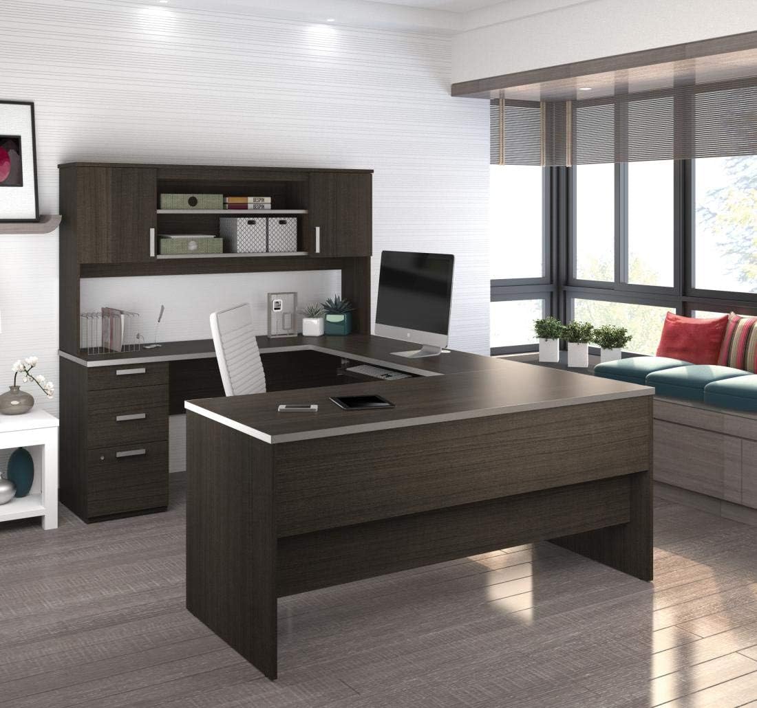 Bestar, Ridgeley Collection, Modern Executive Computer Desk with Pedestal and Hutch