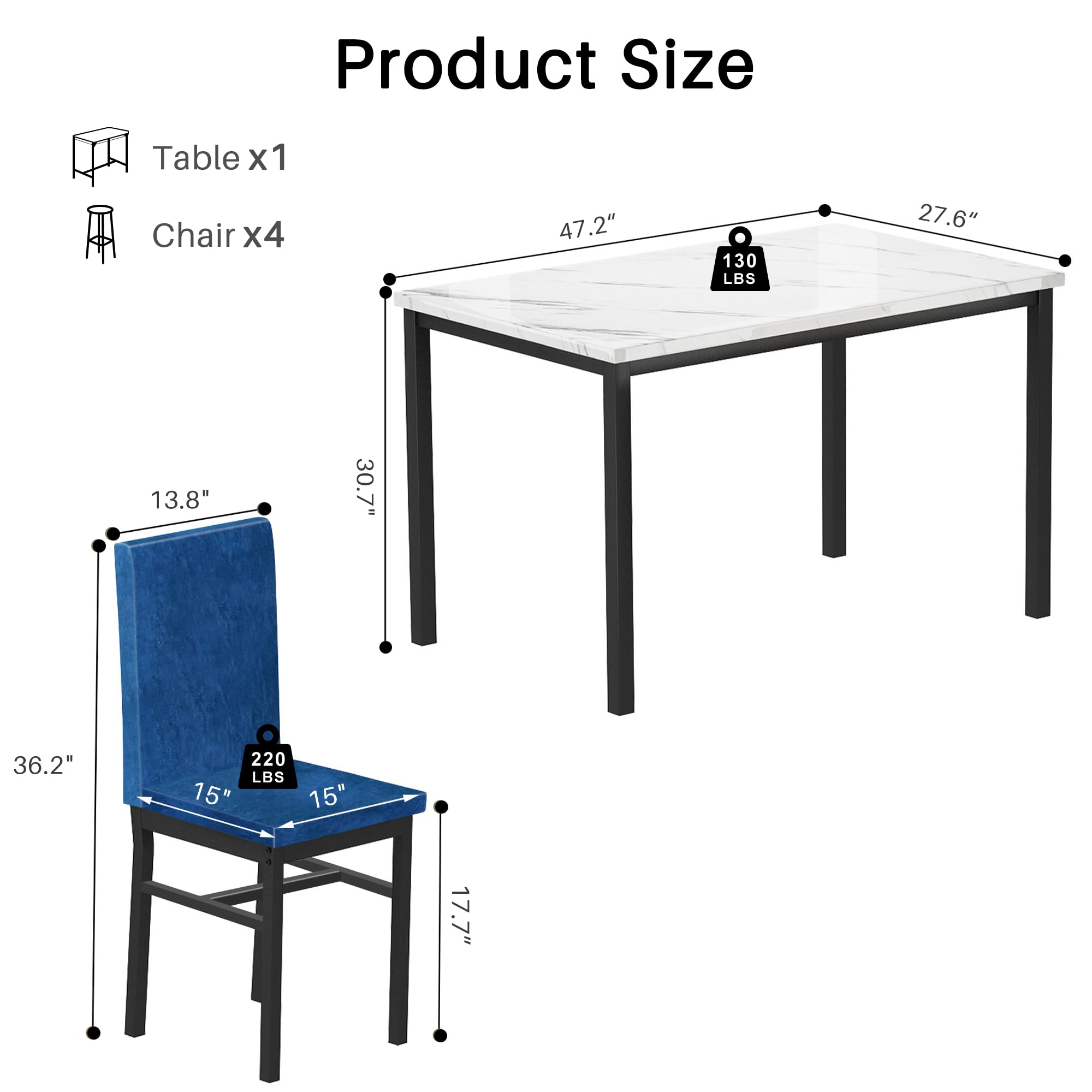 5-Piece Faux Marble Dining Table Set with Velvet Chairs