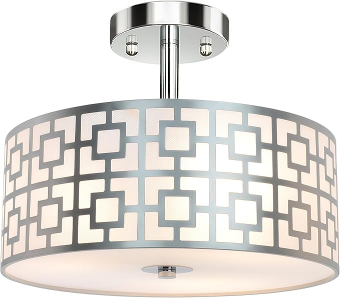 DLLT Flush Mount Ceiling Light: Modern 3-Light Semi Flush Mount Ceiling Light Fixture - Drum Kitchen Lighting Fixture for Dining Room - Black Bedroom Ceiling Lamp with Double Shade