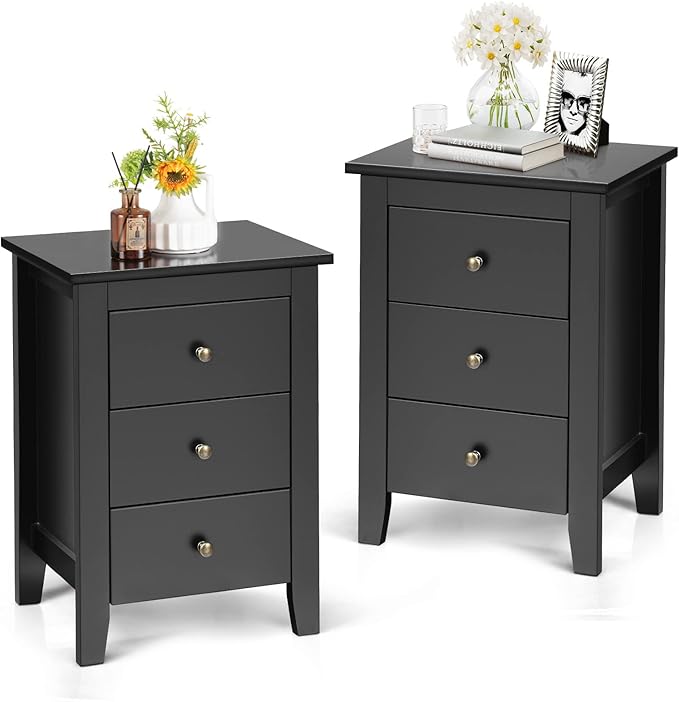 Nightstand, Side Table with 3 Drawers, Bedroom Side Storage Cabinet Wooden End Table Accent Table Solid Wood Legs (White, 2 Pics)