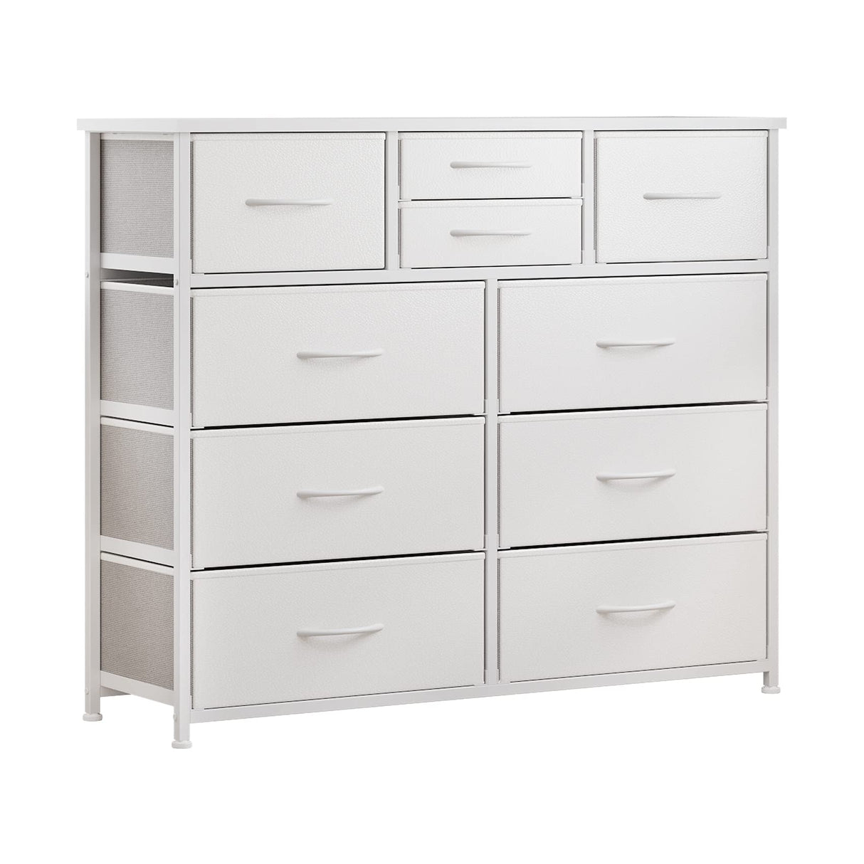 10-Drawer Dresser, Fabric Storage Dressers Drawers for Bedroom, Hallway, Nursery, Closets, Steel Frame, Wood Top, Easy Pull Handle (White)