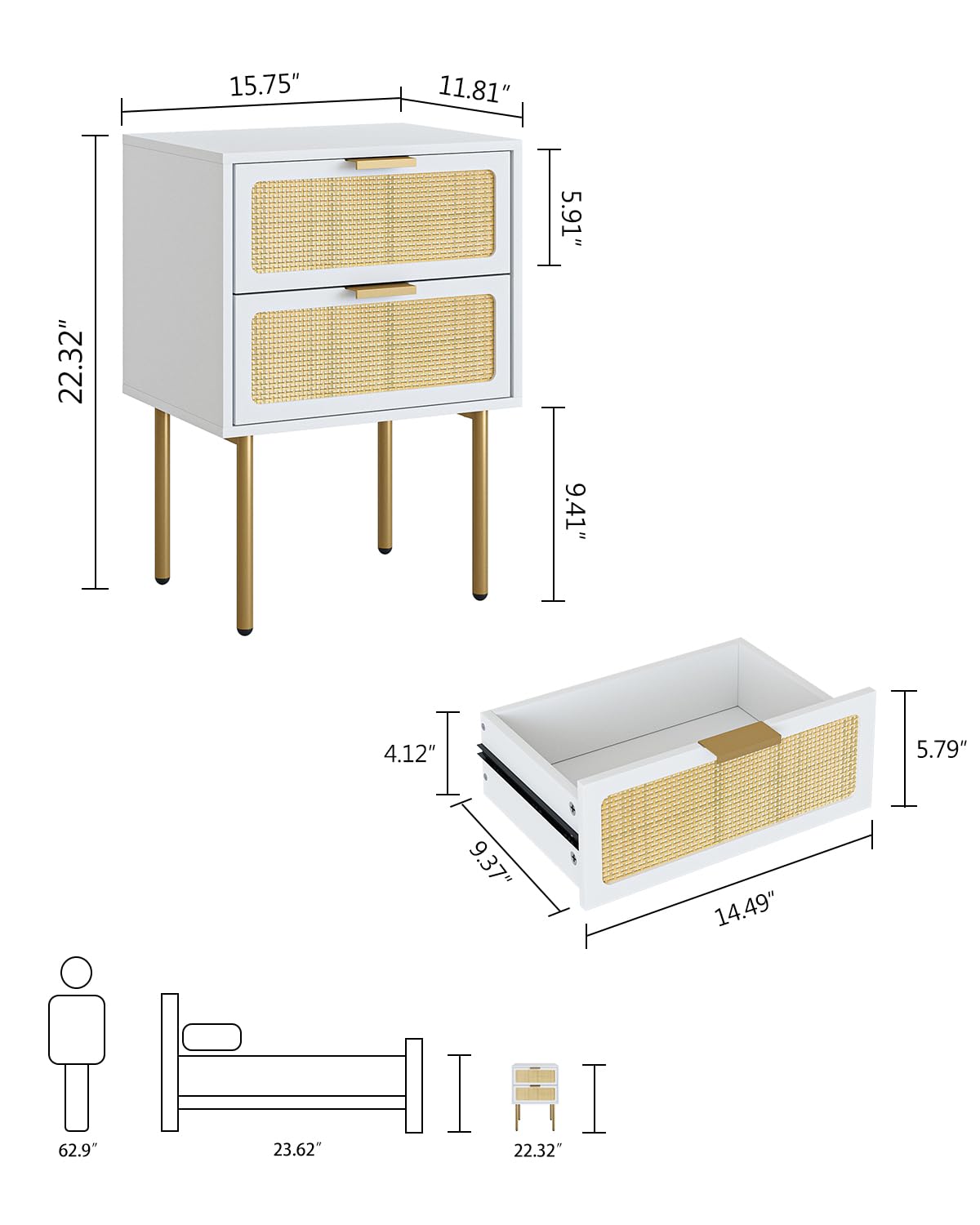 Rattan Nightstand, 2 Drawer Dresser for Bedroom, Small Side Table with 2 Drawers,