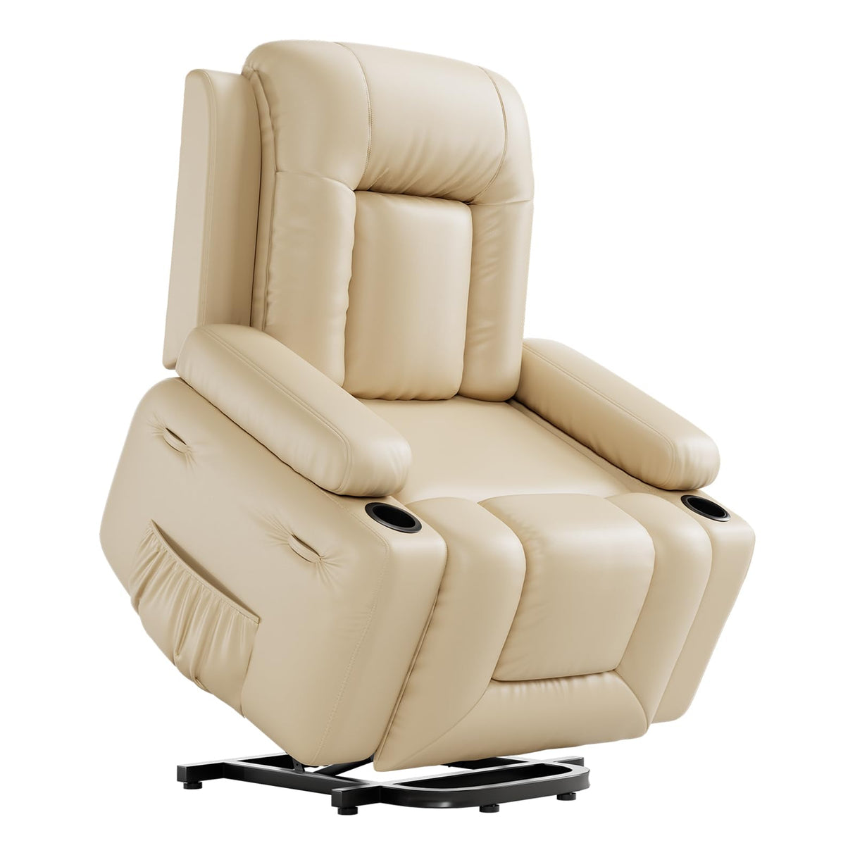 Lift Recliner Chair PU Leather with Massage for Elderly Ergonomic Lounge Chair Classic Single Sofa with 2 Cup Holders Side Pocket (Beige, 22" Seat Width + Cup Holder)