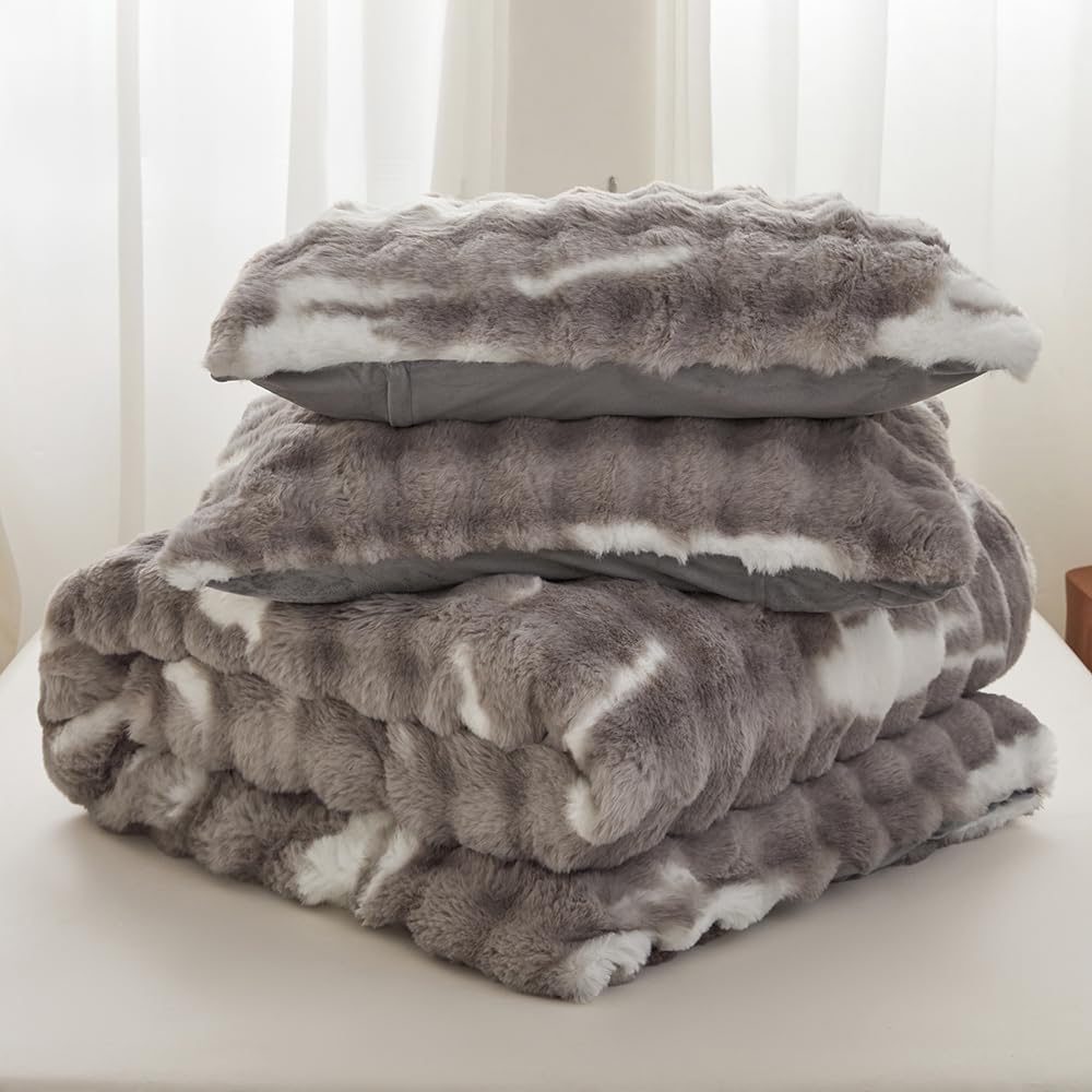 Rabbit Plush Gray White Faux Fur Duvet Cover Comforter Cover Queen