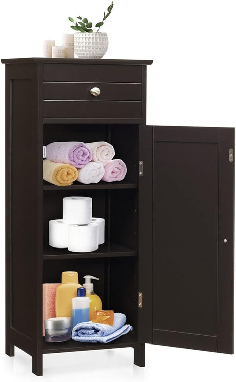 Bathroom Storage Cabinet, Single Door Floor Cabinet with Drawer and 3-Level Adjustable Shelves,