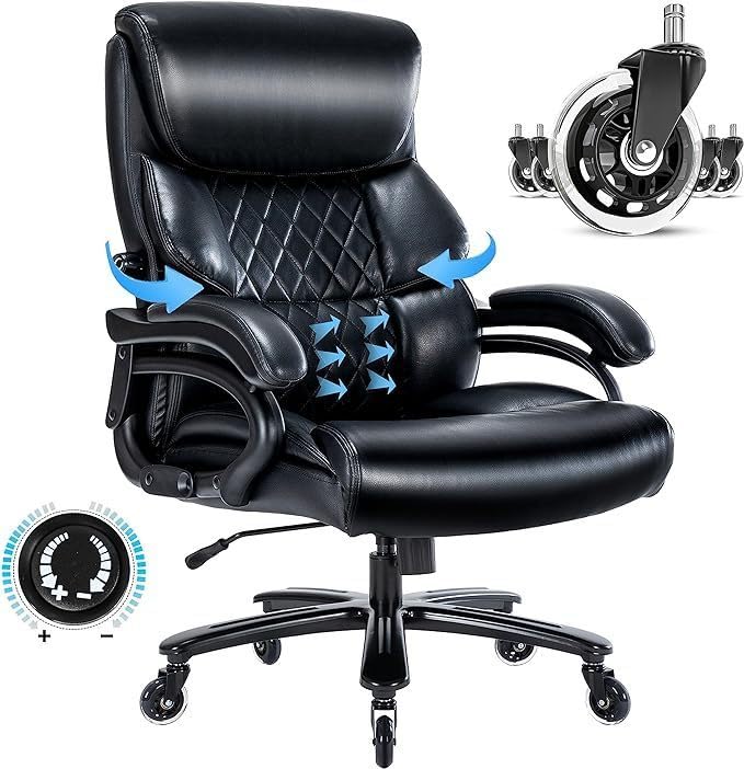 Ucloveria Big and Tall Office Chair 500 LBS-Executive Office Chair for Heavy People-Heavy Duty Office Chair with Sturdy Wheels-Desk Chair with Adjustable Lumbar Support Black Leather Chair