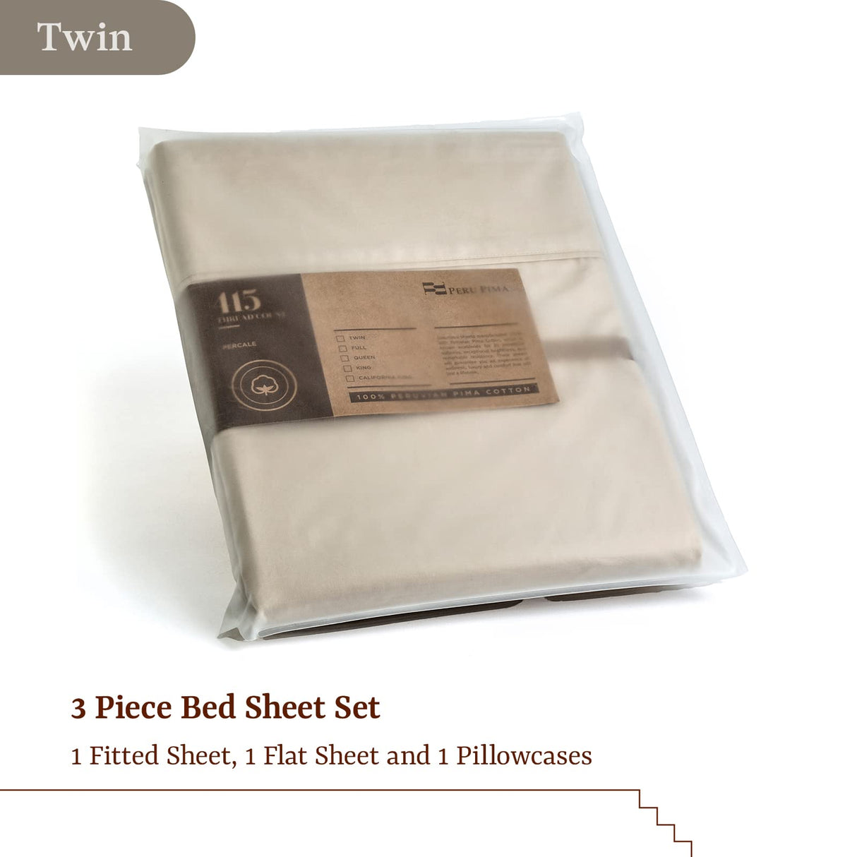 , Bed Sheets Set with 3 Pieces, 415 Thread Count, Percale, 100% Peruvian Pima Cotton,