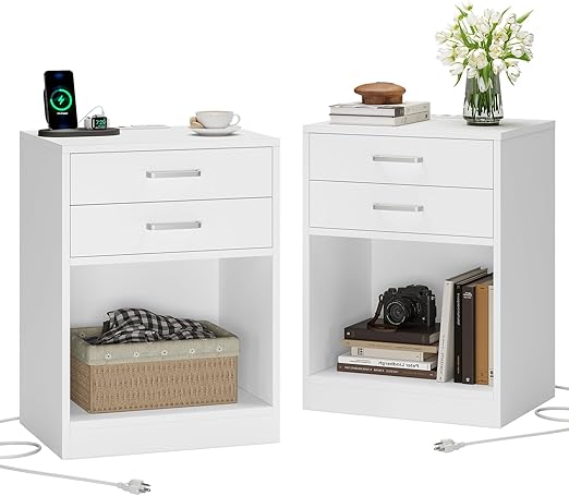 Nightstands Set of 2,Grey Nightstand with Charging Station & Drawers