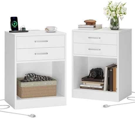 Nightstands Set of 2,White Night Stand with Charging Station & Drawers