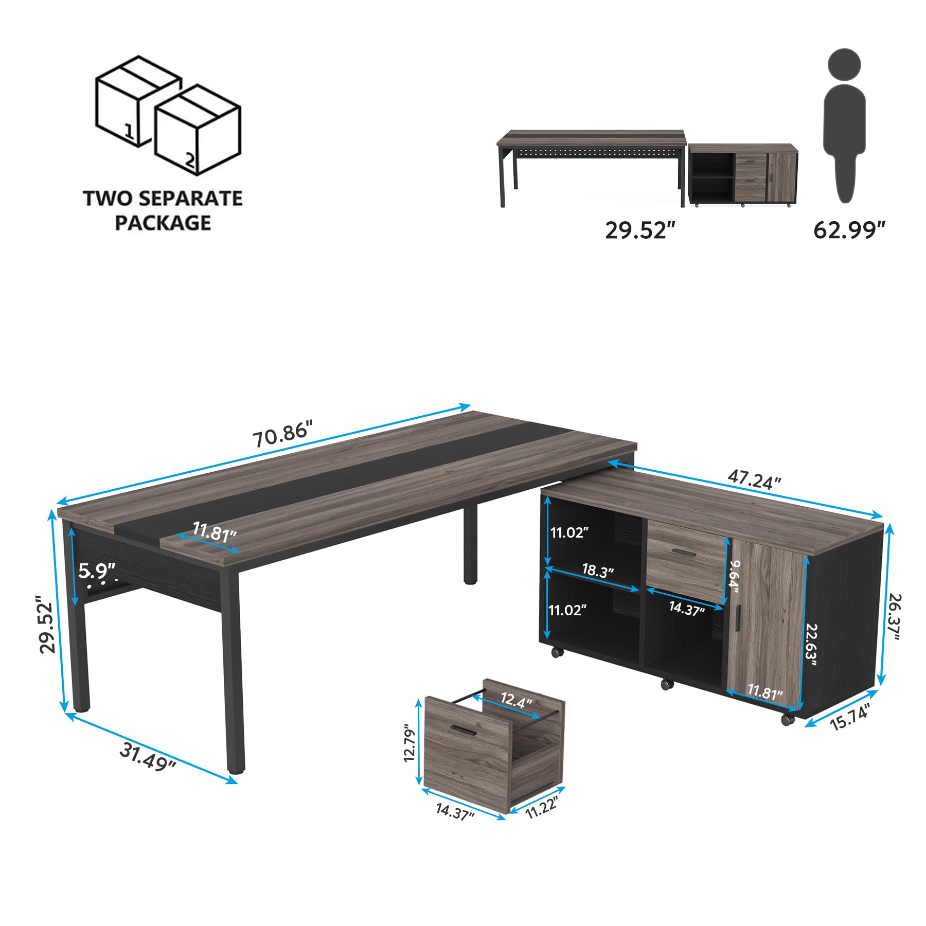 70.8" Executive Desk with Lateral File Cabinet, Modern Thickened Wooden Workstation L-Shaped Computer Desk Large Home Office Writing Desk for Home Office