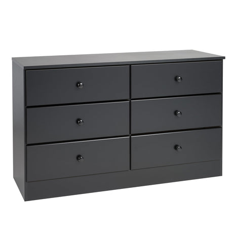 Astrid 6 Drawer Double Dresser For Bedroom, 16" D x 47.25" W x 28.25" H, Black