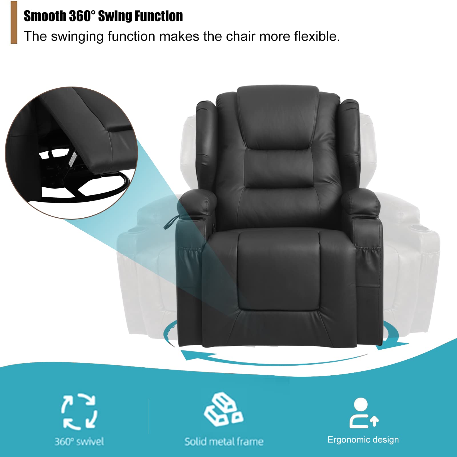 Swivel Rocker Recliner Nursery Rocking Chairs 360 Degree, Manual Glider Recliner Chairs for Living Room,Upholstered Swivel Single Sofa Seat with Cup Holders, Side Pockets, Pillow, Leather