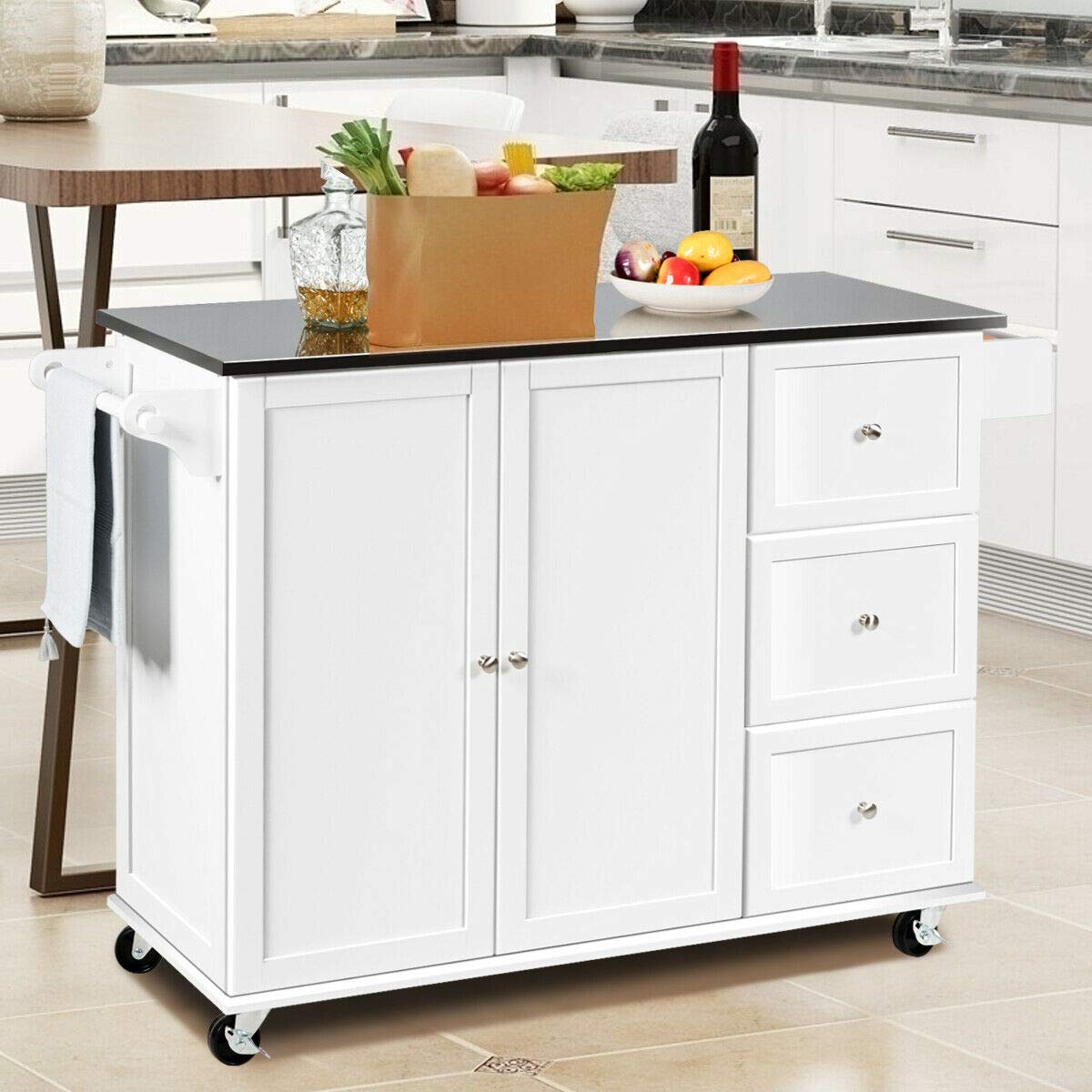 Kitchen Island with Stainless Steel Countertop, Kitchen Cart Rolling Trolley with Towel