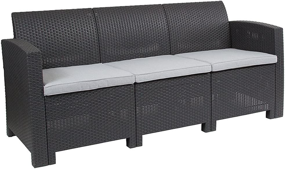 Seneca Dark Gray Faux Rattan Sofa with All-Weather Seneca Light Gray Cushions