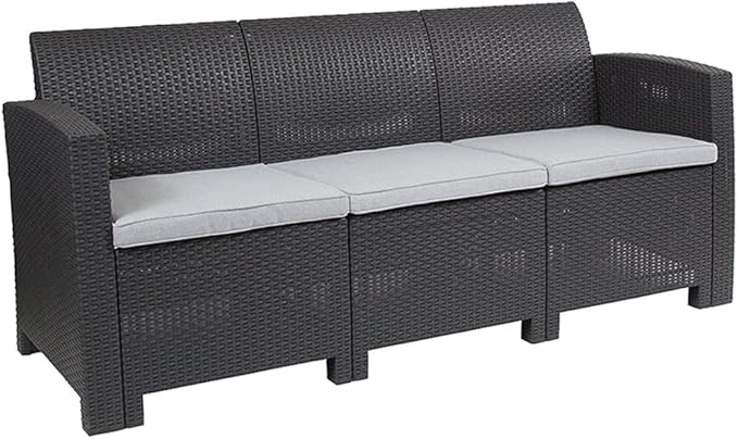 Seneca Dark Gray Faux Rattan Sofa with All-Weather Seneca Light Gray Cushions