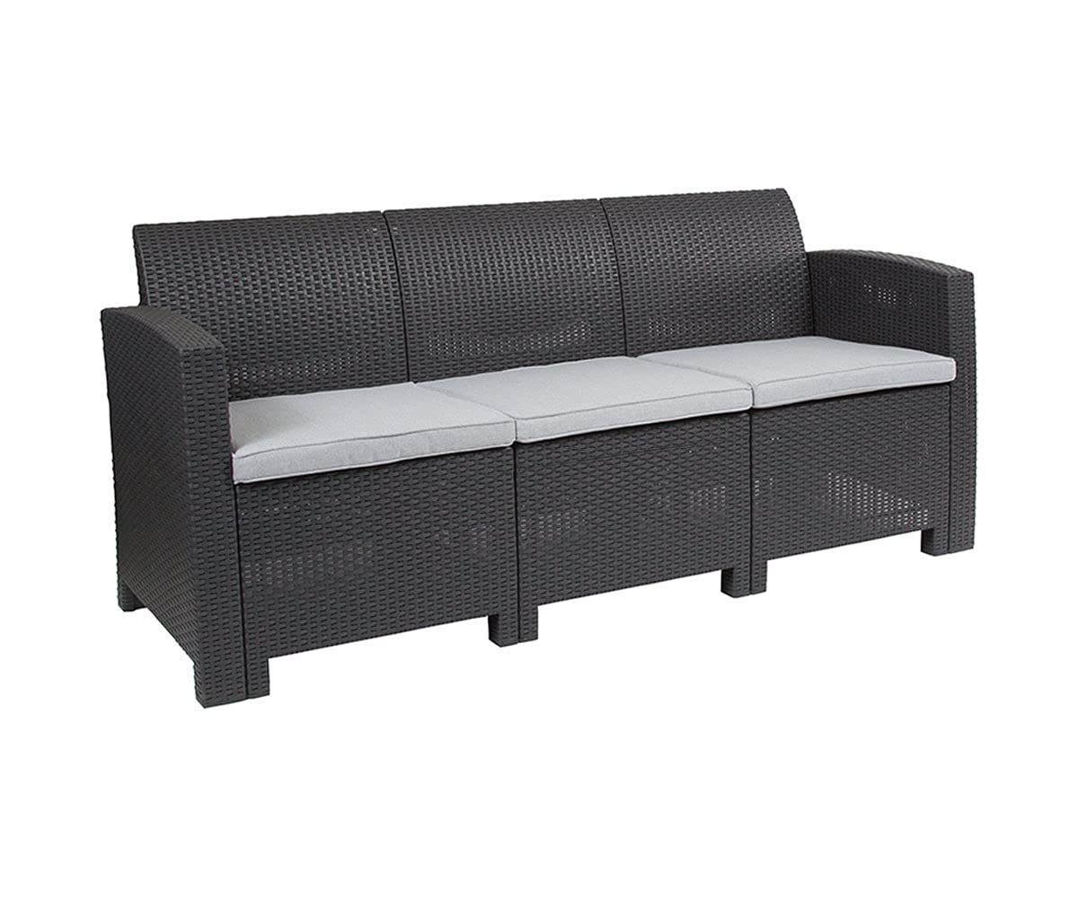 Seneca Dark Gray Faux Rattan Sofa with All-Weather Seneca Light Gray Cushions