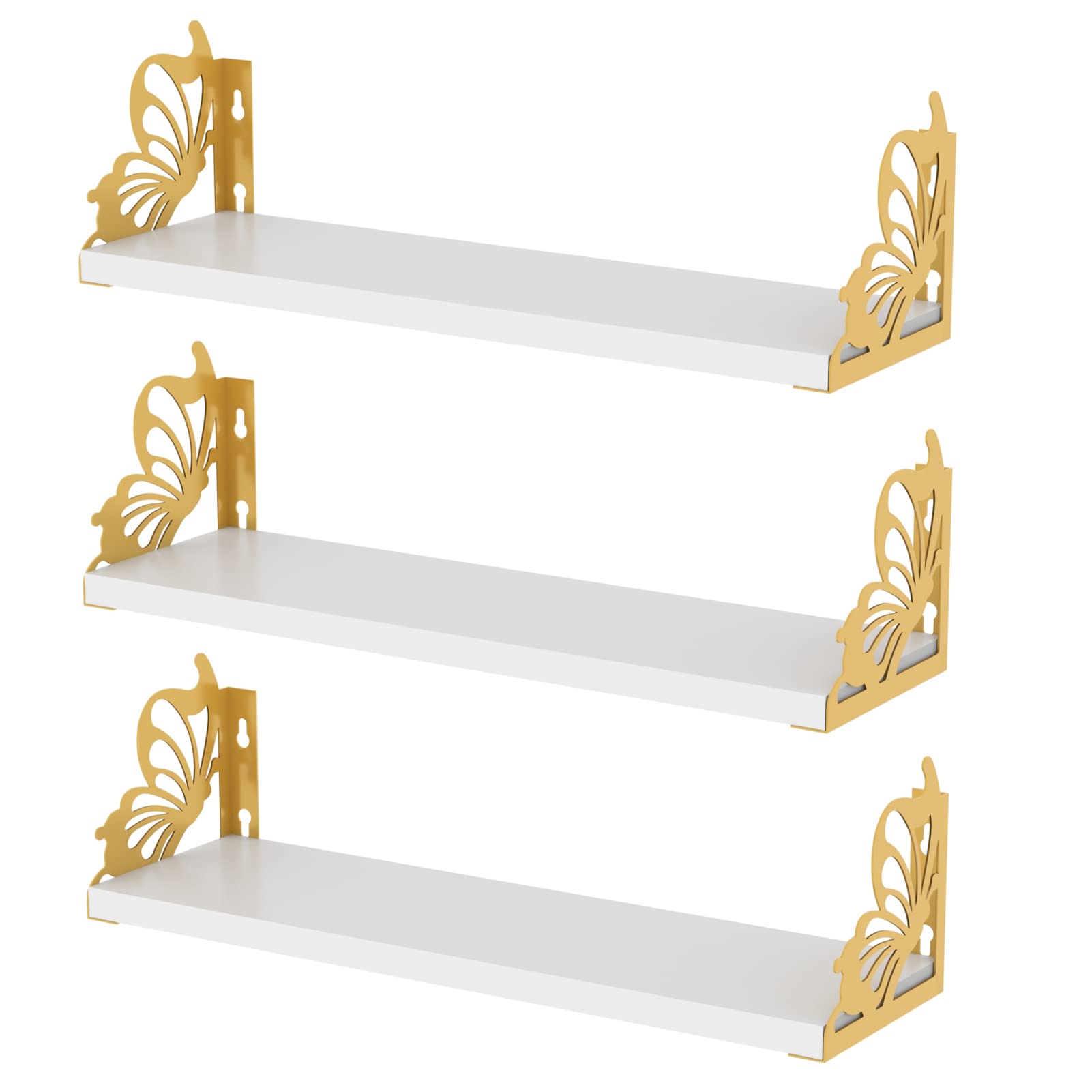 3 Pack Butterfly Wall Shelves, White Gold Floating Book Shelves, for Mother, Mom