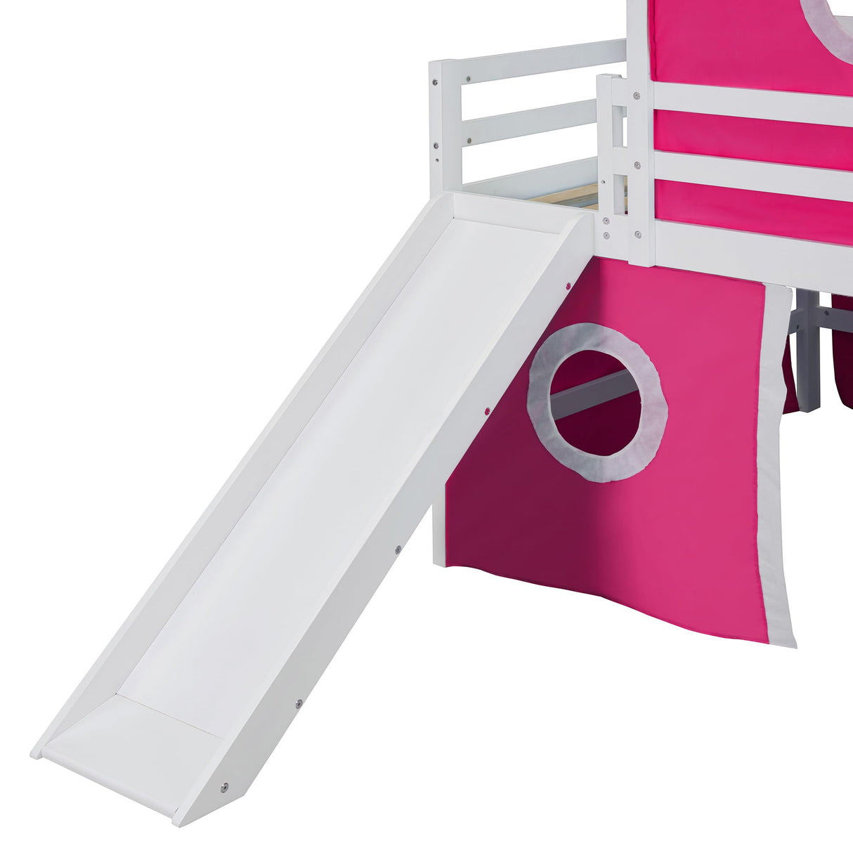 Loft Bed with Slide and Curtains, Full Over Full Floor Bunk Bed with House Shape Tent