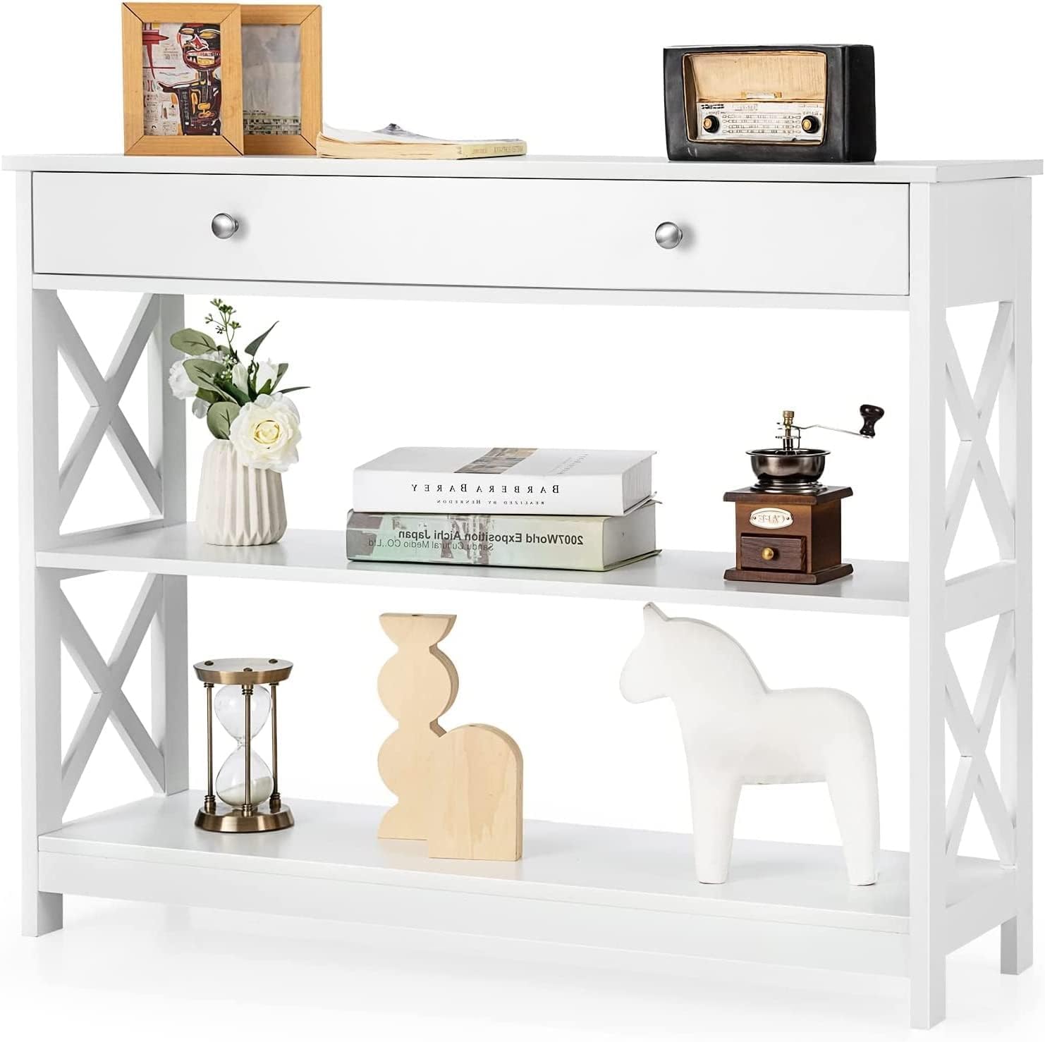 Tier Console Table, Entryway Table with 2 Open Storage Shelves Drawer,