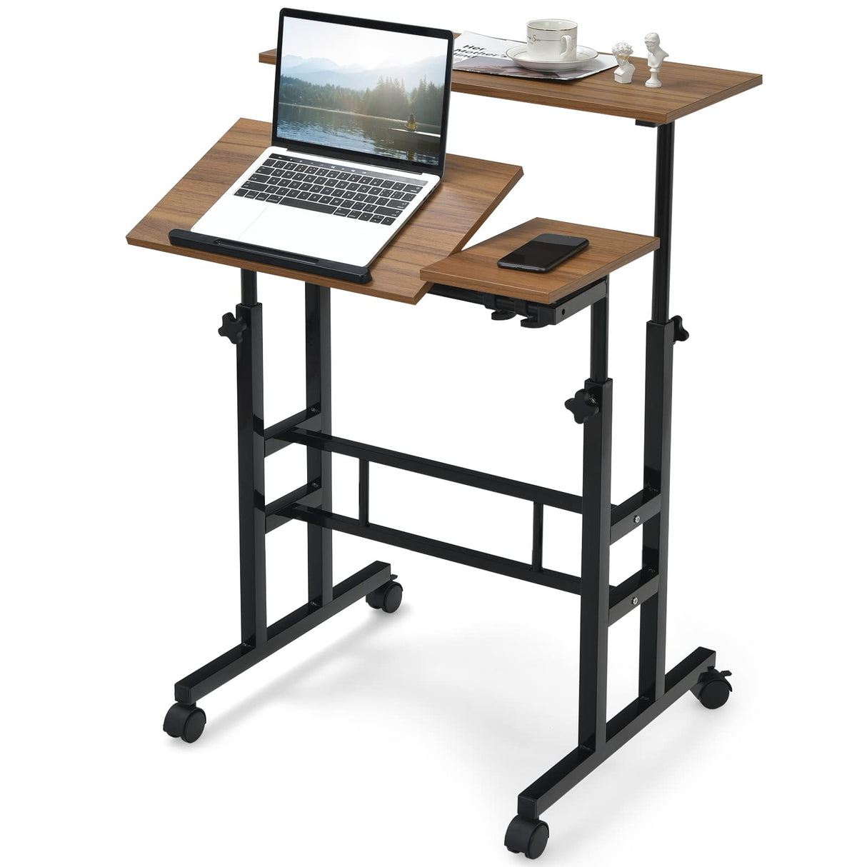 Mobile Standing Desk Stand Up Desk, Height Adjustable Home Office Desk with Standing & Seating 2 Modes, Tilting Tabletop & Flexible Wheels, Rolling Laptop Cart Sit Stand Desk (Walnut)