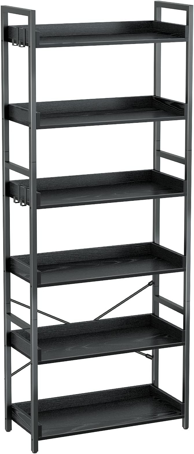 Bookshelf 6 Tier with 4 Hooks, Industrial Bookcase, Vintage Storage Rack with