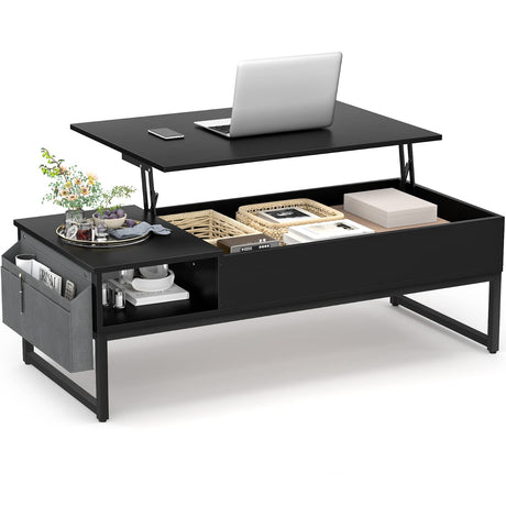 Top Coffee Table with Storage, Wood Lifting Top Central Table Metal Frame