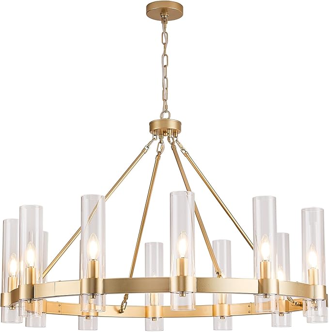 Wagon Wheel Chandelier 8-Light Glass Pendant Light, Industrial Modern Golden Pendant