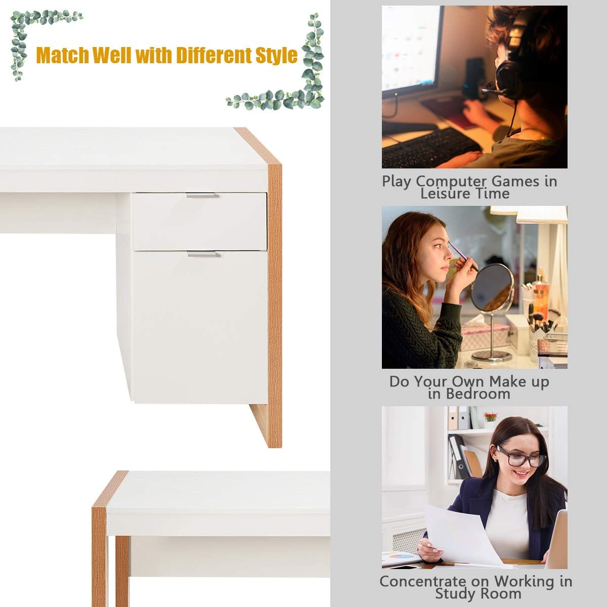 White Desk with Drawer & Cabinet, Wooden Home Office Desk